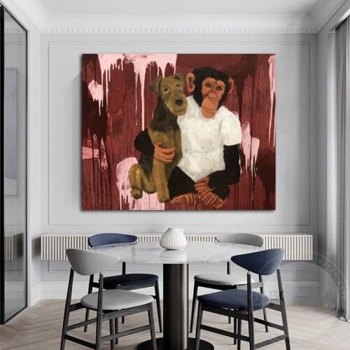 Poster and Print Monkey Baby and Little Dog Wall Picture for Living Room Bedroom Canvas Paintings Wall Art Hoe Decor