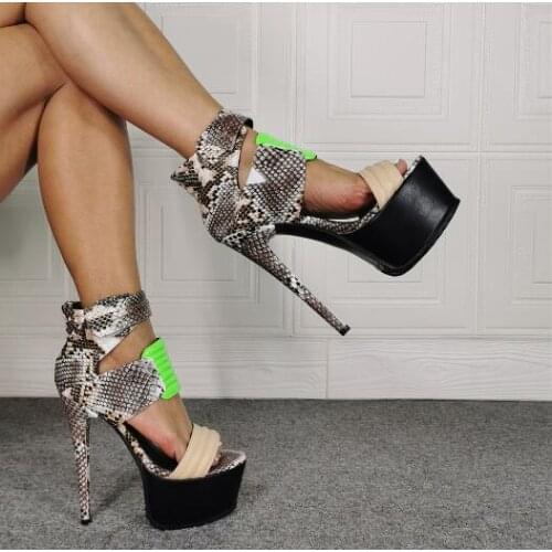 Drop Shipping Sexy Woman Green Beige Snake Skin Platform Sandals Cover Heel Zipper Back Super Heels Party Sandals Shoes Lady