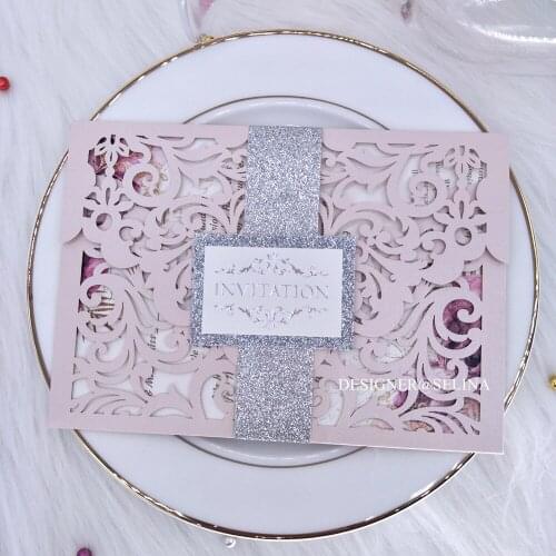 Luxurious Silver Glitter Belt with Tag Wedding Invitation 20+Color Lace Bridal Shower Invitations DIY Sweet Sixteen Invites