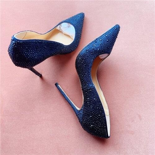 Free shipping fashion blue crystal strass point toe high heels shoes bride wedding pumps comfortable soft wild