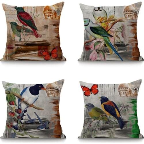 Vintage Cushion Retro Decorative Pillow Bird Flower Print Linen Cushion For Sofa Car Home Decor Throw Pillows 45x45cm