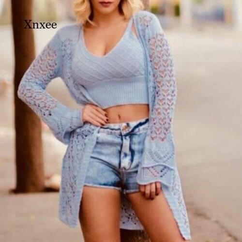 Knit Crop Tops Cardigan 2 Piece Womens Long Sleeve Cardigan Tank Sexy Camisole Casual Women Sweater Female Loose Coat Clothing