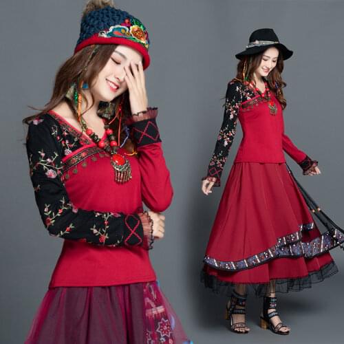 T Shirt Women Pullover Female Autumn Winter Mexico Style Hippie Ethnic Design Long Sleeve Black Red Patchwork Tee Shirt