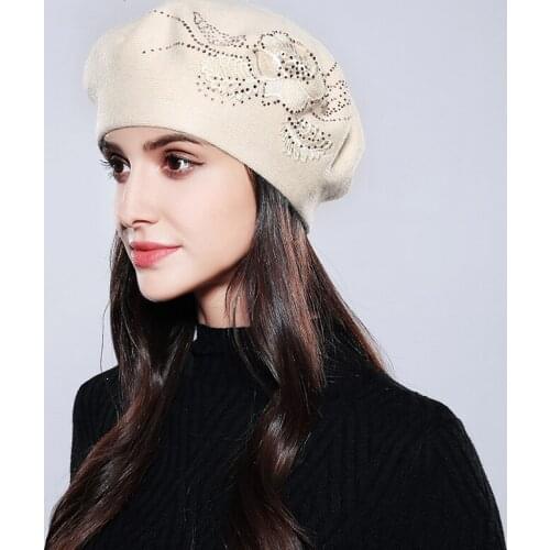 Beret Hat Femme Women Berets Cotton Wool Brand Knitted Beanie Fashion Flower Rhinestone Autumn Winter Hats For Women Caps