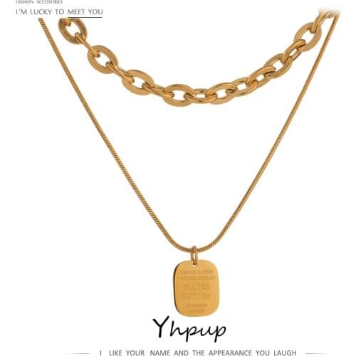 Yhpup Chic Layered Pendant Square Chain Necklace Stainless Steel Jewelry for Women Metal Texture collane donna statement Gift