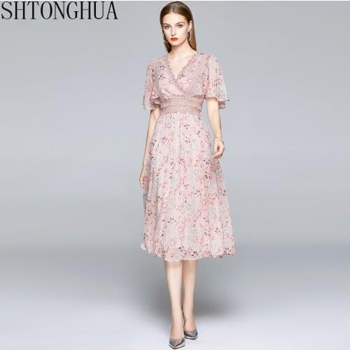 2020 Summer Pink Printed Chiffon Dress Women Elegant V-neck Lotus Leaf Sleeve Female Lace Hollow Out Party Women Dress