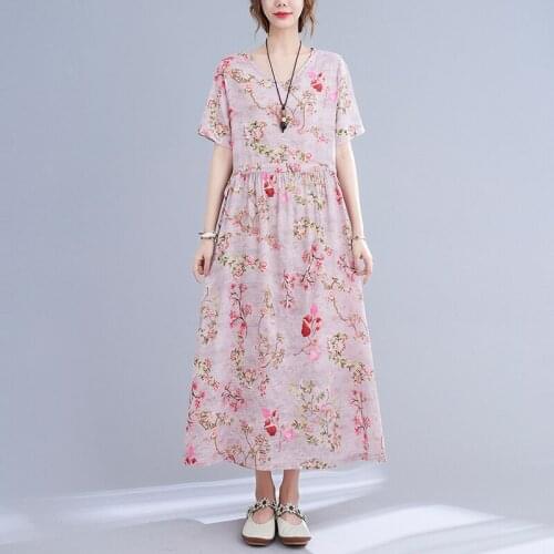 Print Floral Dress 2021 New Arrival Thin Soft Cotton Linen Loose Women Summer Casual Midi Dress Slim Office Lady OL Work Dress