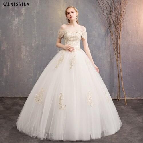KAUNISSINA Off The shoulder Ball Gown Bridal Dress Short Sleeve Tulle Wedding Dresses Floor-Length Vintage Bride Vestidos Robe