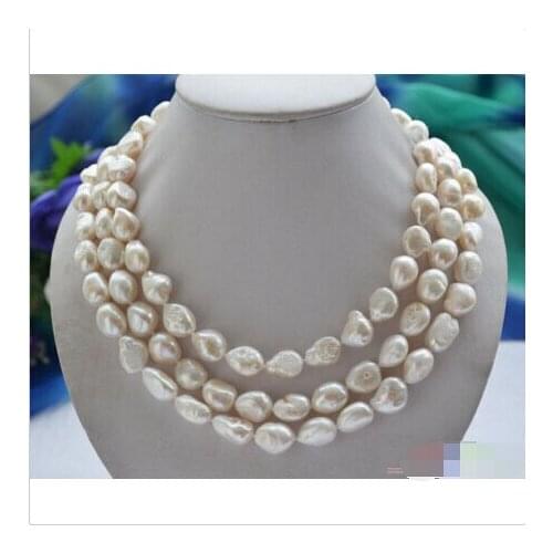 FREE SHIPPING>>>@@ > P4585 3row 19" 15mm white baroque freshwater cultured pearl necklace Noble style Natural Fine jewe fast SHI