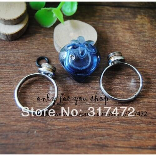 Freeshing! 20set/lot Blue strawberry vial pendant cover Finger Ring DIY ( glass vial & screw base ring & black rubber ring)
