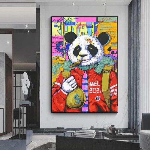 Graffit Red Yellow Blue Interesting Panda Funny Face Smoking ArtPoster Money Bag Inspirational Street Canvas Painting Home Decor