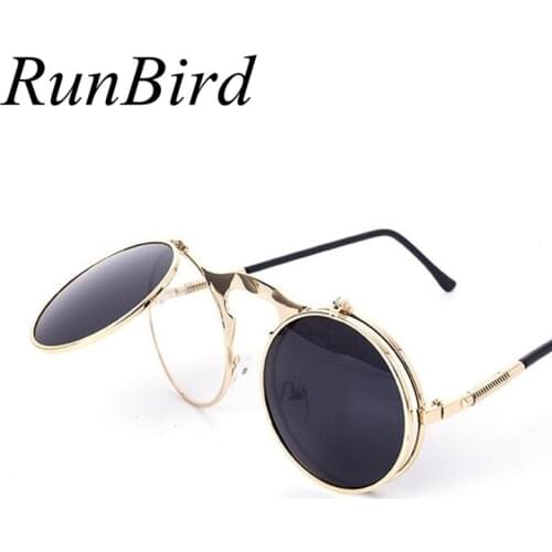 RunBird Retro Steampunk Round Sunglasses Women Brand Designer Vintage Metal Steam Punk Sun Glass Men Oculos De Sol Feminino R009