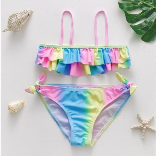 5-14Years Girl Swimsuit 2021 New Rainbow Two Piece Swimsuits For Girls Swimwear With Bow Biquini Set Kids Bathing Suit 9072