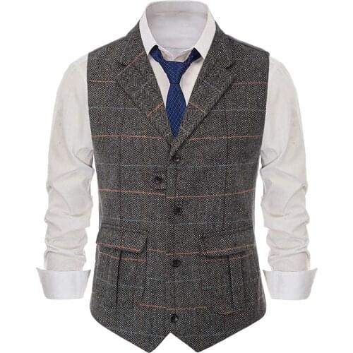 Mens Casual Suit Vest Notch Lapel with Two Pockets Herringbone Waistcoat for Wedding Groomsmen