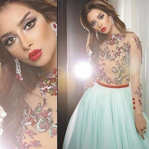 Mint green prom dresses 2021 crystal beading tulle a line floor length long evening dresses gowns