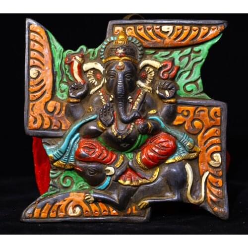 Tibetan Buddhist handmade Ganesha Statue, Old Pure copper Hand Painted Elephant Trunk God of Wealth Wall hanging sculpture