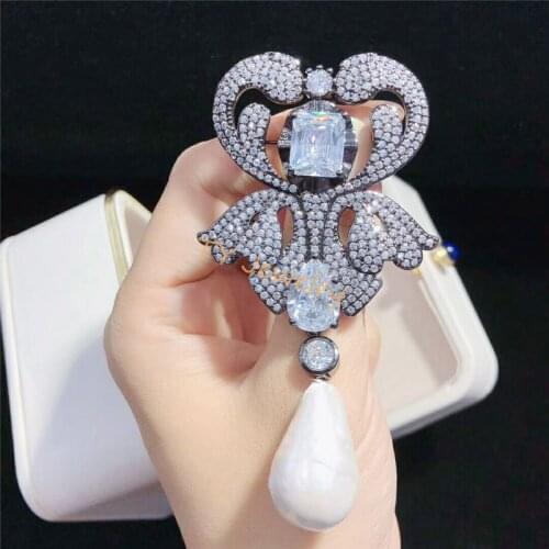 Freshwater pearl white baroque reborn keshi +CZ zircon flower Brooch for woman gift Fashion Jewelry Clothes Decoration
