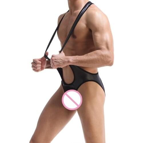 Sexy Men Undershirt Faux Leather PU Wrestling Singlet Open Butt Black Jumpsuit Suspender Teddies Underwear One-Piece Bodysuit