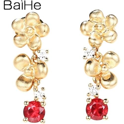 BAIHE Solid 14K Yellow/Rose Gold 0.24ct Round Ruby Earrings 0.06ct Diamonds Stud Earrings Women Trendy Fine Jewelry flower