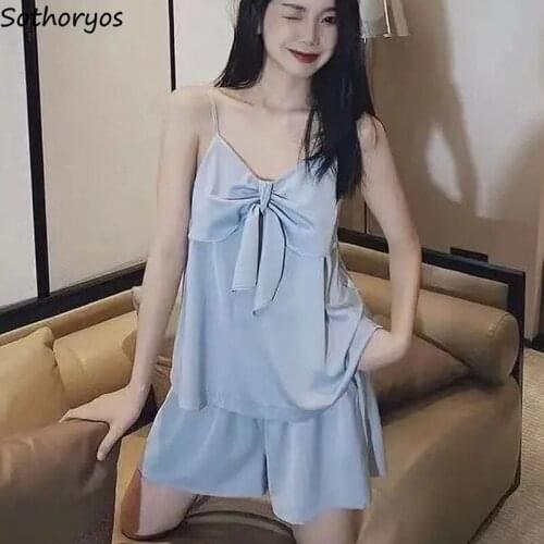 Sleeveless Pajama Sets Women Elegant Bow Solid Cozy Summer Sleep Wear Spaghetti Strap Simple Leisure Sexy Pajamas Female Trendy