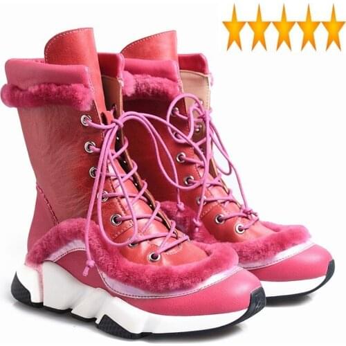 Woman Genuine Leather Ankle Winter Warm Height Increased Snow Boots Street Round Toe Lace Up Platform Shoes Plus Size 41