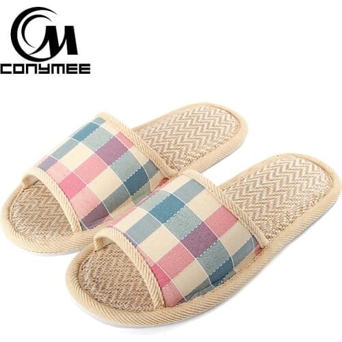 CONYMEE Summer Shoes Women Flax Sandals Lady Plaid Beach Flip Flops Casual Footwear Home Slippers 2018 Sandalias Mujer Big Size