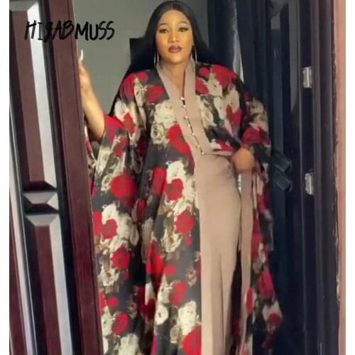 HIJABMUSS African Womens Dress Large Swing Two-piece Set Chiffon Elegant Digital Printing Long Skirt Widened Leg Pants Set