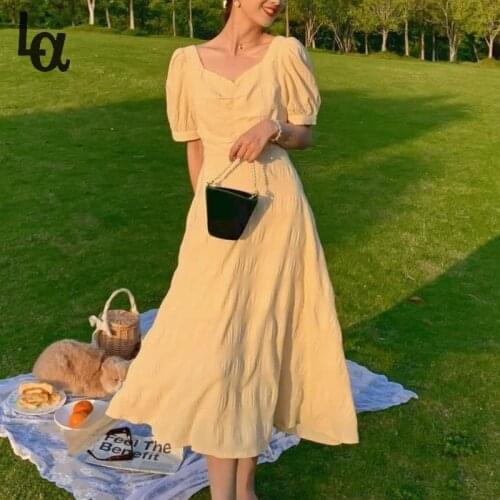 Luck A Summer French Elegant Dresses Women Sweet Solid Backless Vintage Dress Casual V-neck Short Sleeve Party Fairy Dress 2021