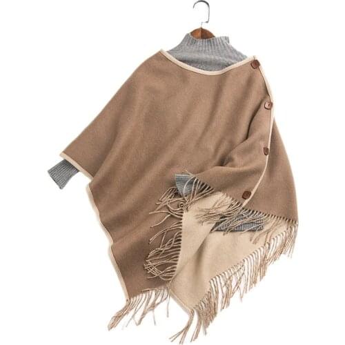 2021%100 Pure Wool Scarf Shawl Pure Color Double-Sided Cape New Female Autumn Winter Thickened Warm Fringes Cloak