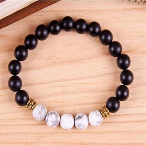 8mm Frosted Obsidian Howlite Gemstone Mala Bracelet 7.5 inch Reiki Sutra Men Bead Cuff Unisex Healing Meditation Spirituality