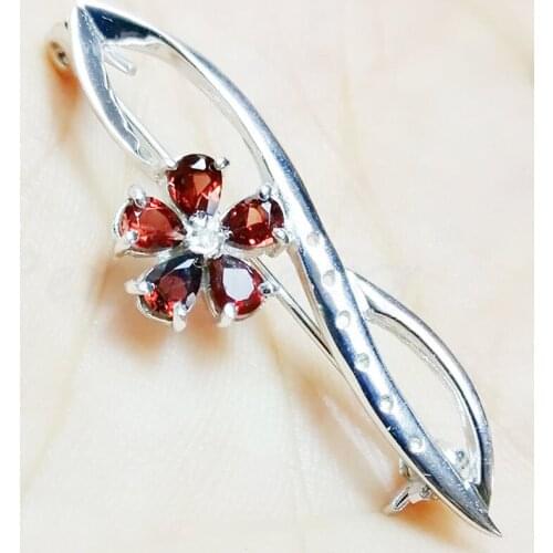Natural garnet flower style brooch pins Free shipping 925 sterling silver 0.35CT*5PCS gemstone Fine jewelry C91131