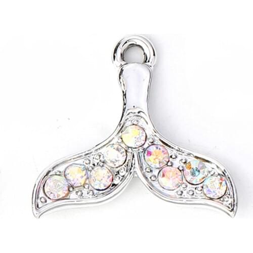 Doreen Box Zinc Based Alloy Charms Pendant Fish Whale Tail Gold AB Silver Color Rhinestone 20mm( 6/8") x 19mm( 6/8"), 10 PCs