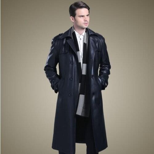 Double breasted leather coats men long coat mens leather trench coats thicken black autumn winter fashion suits collar M - 4XL