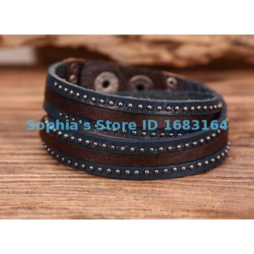 G85 Blue & Brown Rock Stud Double Wrap Top Grain Leather Wristband Bracelet Cuff Mens