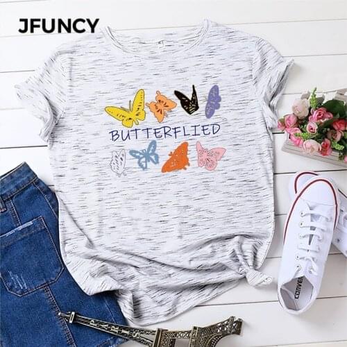 JFUNCY Plus Size Women Tops Cotton T-shirt Summer Short Sleeve Oversize Tshirt Butterfly Print Casual Loose Female Tee Shirts