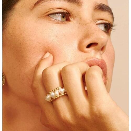 Womens Graceful Freshwater Natural Pearls Geometric Open Rings Ethnic Wedding Ring Multicolor Beads Golden Ring Accessories