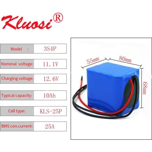 KLUOSI 12V 10Ah 250W 3S4P High Capacity 12.6V Li-ion Battery Pack with 25A BMS for LED Lamp Light Backup Power Electrical Tool