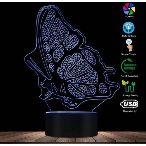 Butterfly 3D Optical Illusion Table Lamp Handmade Wood Mood LED Novelty Night Light For Children Day Gift Colorful Discoloration