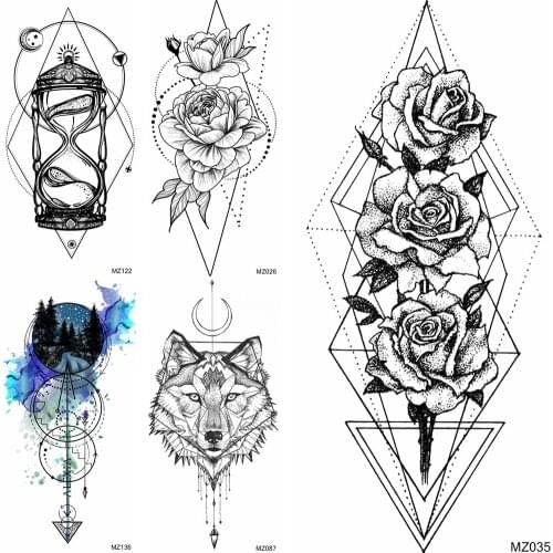 Minimalist Rose Flower Geometric Fox Wolf Fake Temporary Tattoos Water Color Tattoo Stickers Women Sandglass Hourglass Tatoos