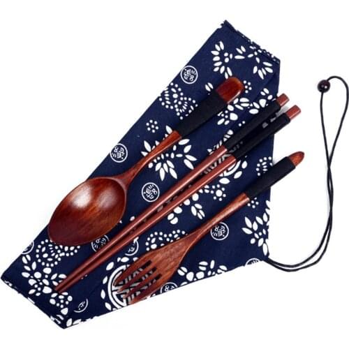 3pc Set Natural Wooden Tableware Gift Kitchen Cutlery Chopsticks Fork Spoon Dinnerware Suit with Cloth bag Portable Travel