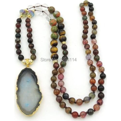 Black Agat e Slice Pendants Necklaces Agat e Unakite Tiger Eye Clear Quartz Round Beads Knot Handmade