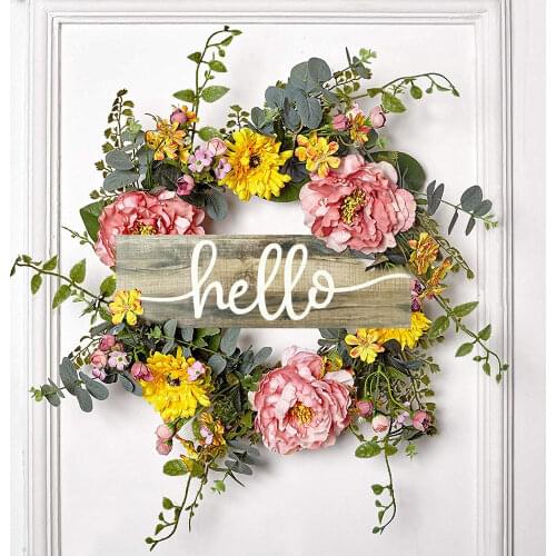 Hanging Hello Wooden Sign Plaque Home Art Decor Rustic Farmhouse Porch Front Door Sign 12 Inch Long Flower Wreath Ornament