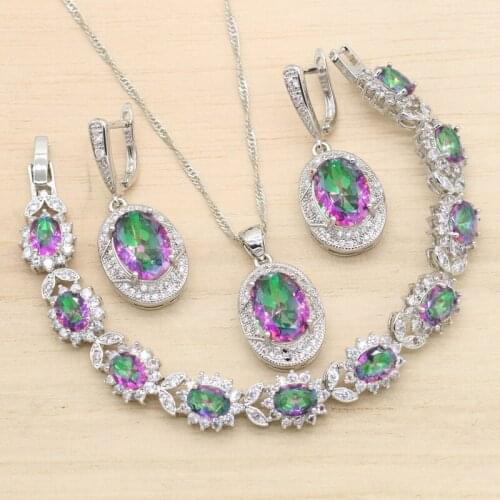 Rainbow Cubic Zircon Silver Color Wedding Jewelry Sets For Women Earrings Pendant Necklace Bracelet Christmas Gift 4PCS
