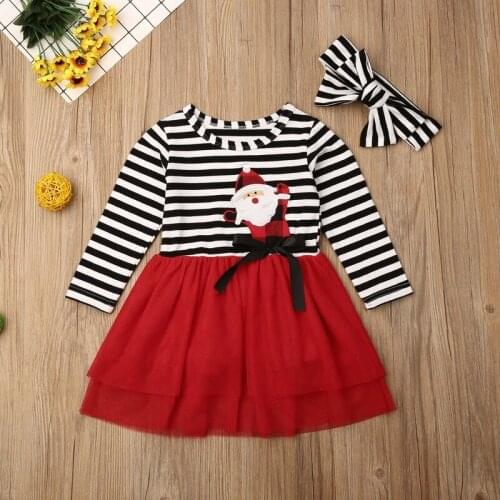 Christmas Girls Dress Spring Autumn New Santa Claus Stripe Cotton Mesh Dresses for Girl Children Kids Clothes