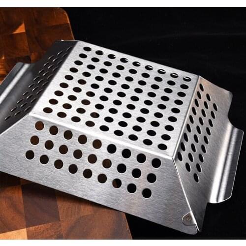 Grill Pan Stainless Steel Vegetable Grill Basket BBQ Grill Drain Plate Square Grill Tray With Perforated Grill Tray Tool 2021