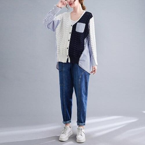 Spring Autumn Women Knitted Tops Long Sleeve V-neck Patchwork Striped Fashion Women Tops