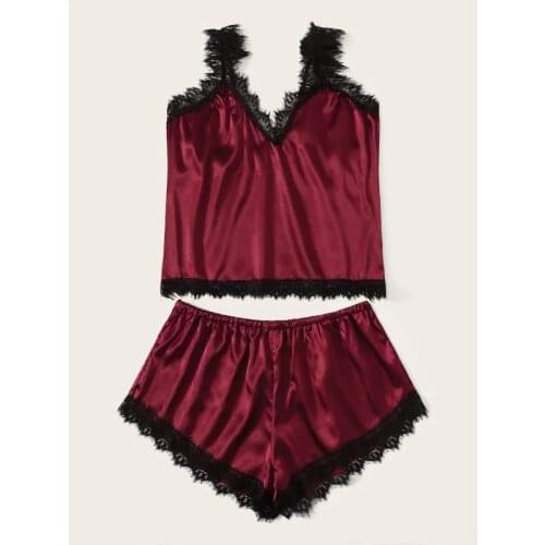 2021 Sleeveless V-Neck Lace Sexy Womens Pajamas Lace Edge Plu Size Two-Piece Set Lingerie Red 1XL To 4XL