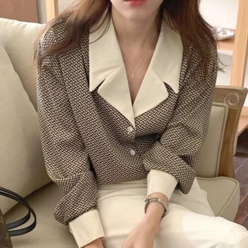 Woman Shirts 2021 Autumn Korean Fashion Elegant Retro Suit Collar Hit Color Stitching Single-breasted Long Sleeve Shirt Top