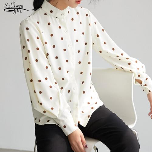 New Fashion Loose Plus Size Chiffon Blouse Women Casual Lantern Sleeve Polka Dot Women Shirts Button Stand Collar Clothing 13087