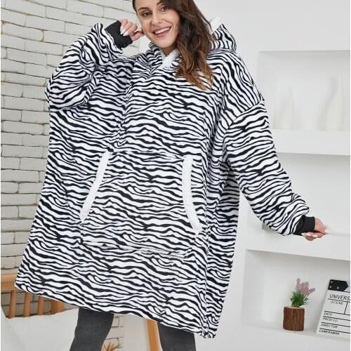 Zebra Print Women Hoodie Oversized Fleece Hooded Sweatshirt Giant TV Blanket With Sleeves Casual Warm Pullover Leopard Sudaderas